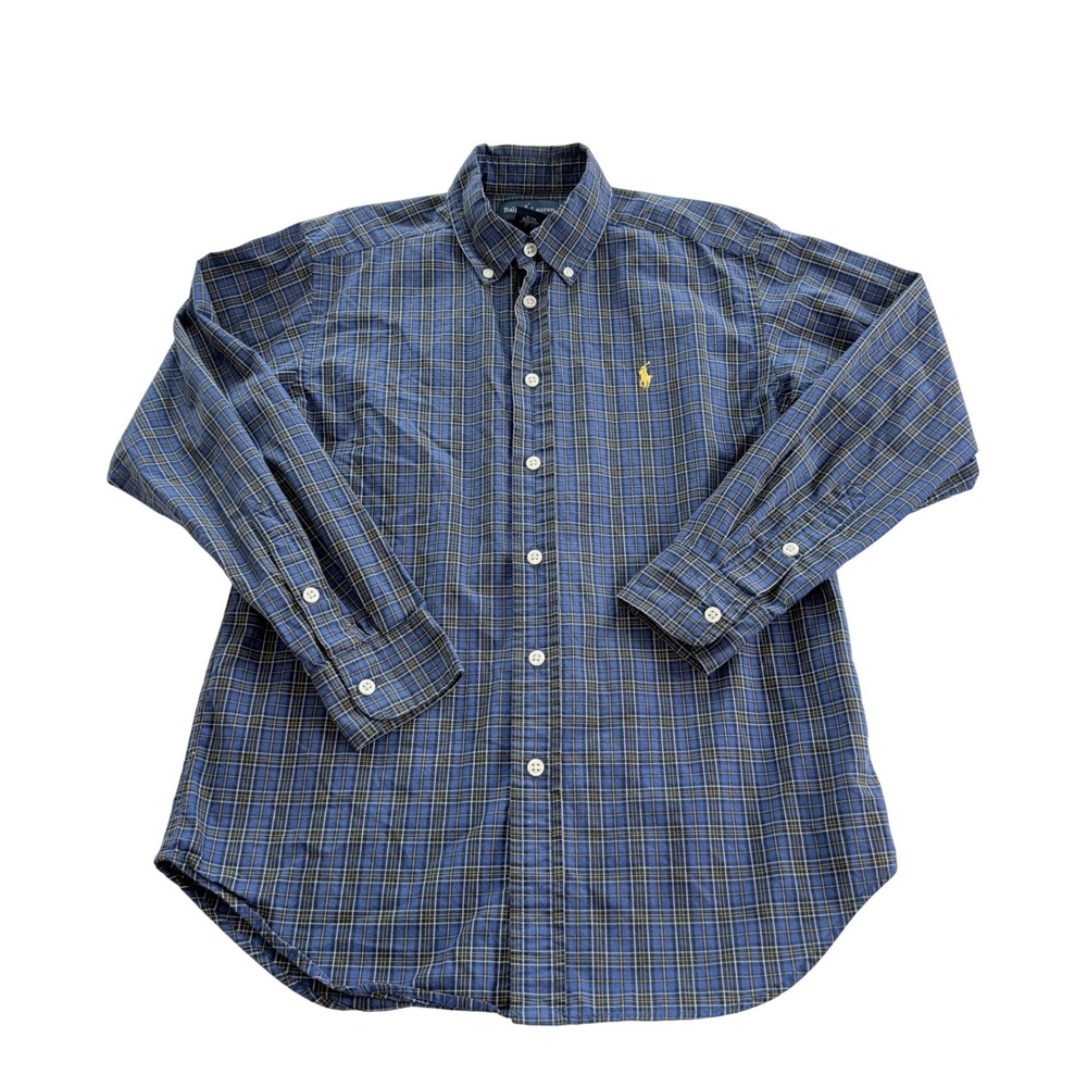 Ralph Lauren Button Down Shirt Kids M 10-12 Blue Plaid Long Sleeve Pony Logo